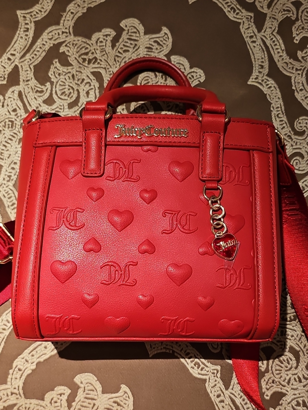 Juicy Couture Red Embossed Heart Satchel with Gold Charm